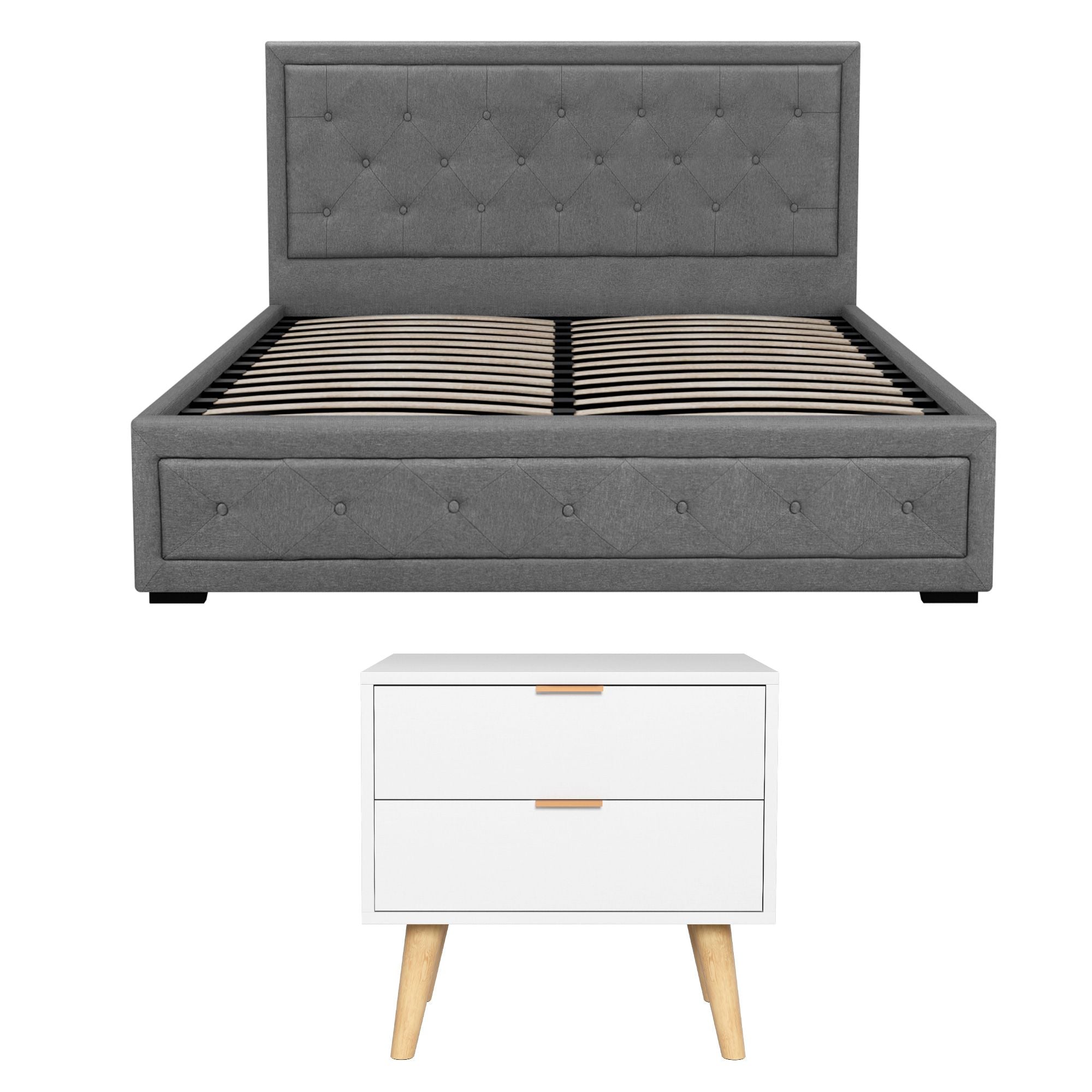 Artiss Upholstered Queen Gas Lift Storage Bed Frame with 2-Drawer Bedside Table Set BFRAME-SET-TIYO-BS-03