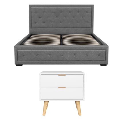 Artiss Upholstered Queen Gas Lift Storage Bed Frame with 2-Drawer Bedside Table Set BFRAME-SET-TIYO-BS-03