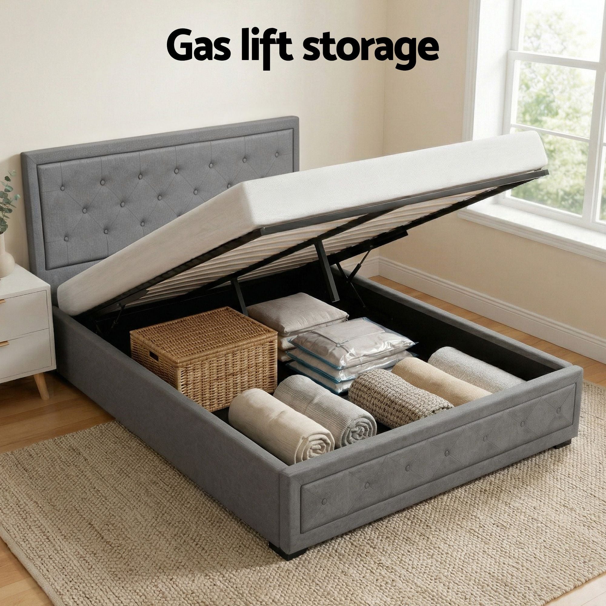 Artiss Upholstered Queen Gas Lift Storage Bed Frame with 2-Drawer Bedside Table Set BFRAME-SET-TIYO-BS-03