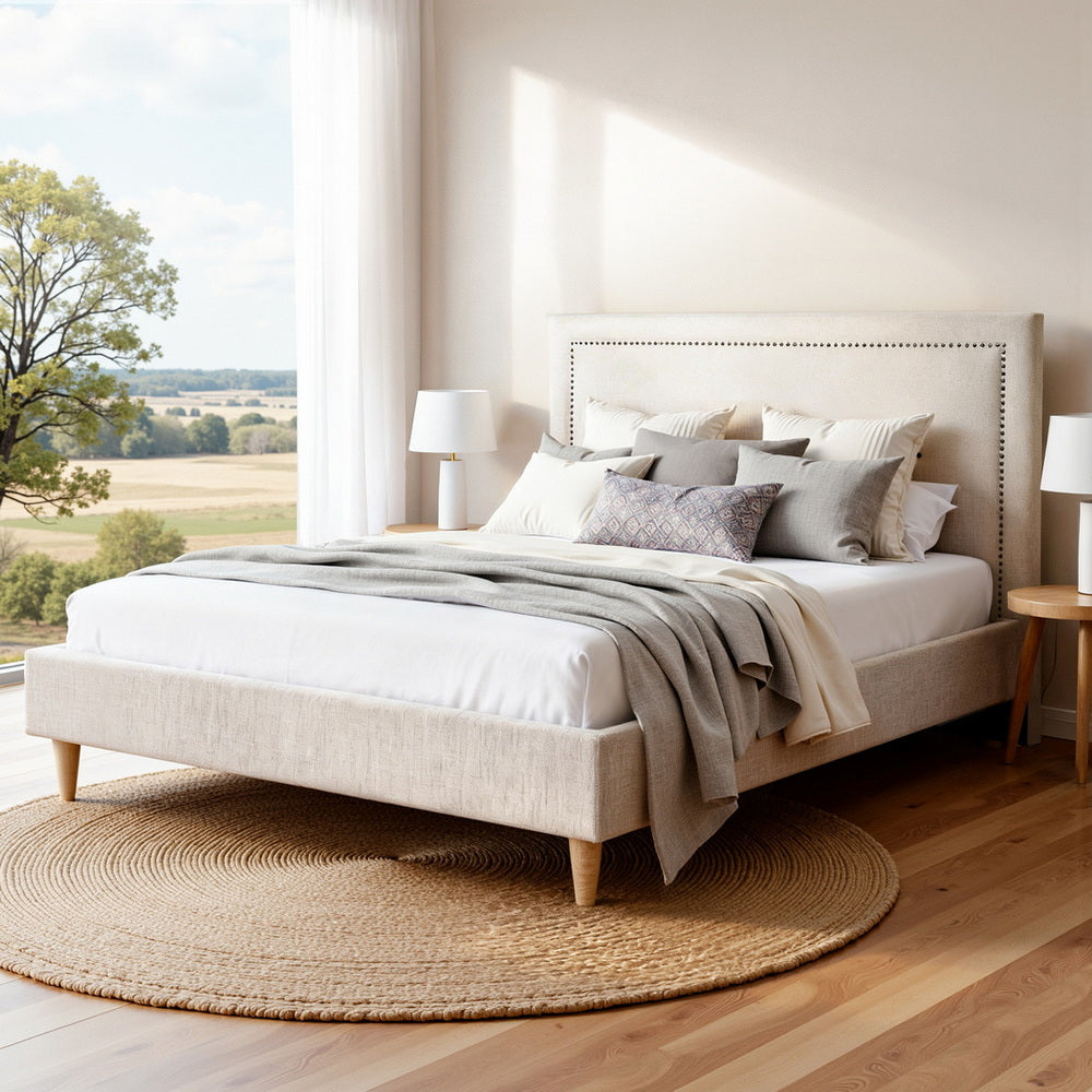 Artiss Queen Bed Frame Platform Bed Base Upholstered Headboard Linen Fabric Beige BFRAME-ZORA-RIVE-Q-GR