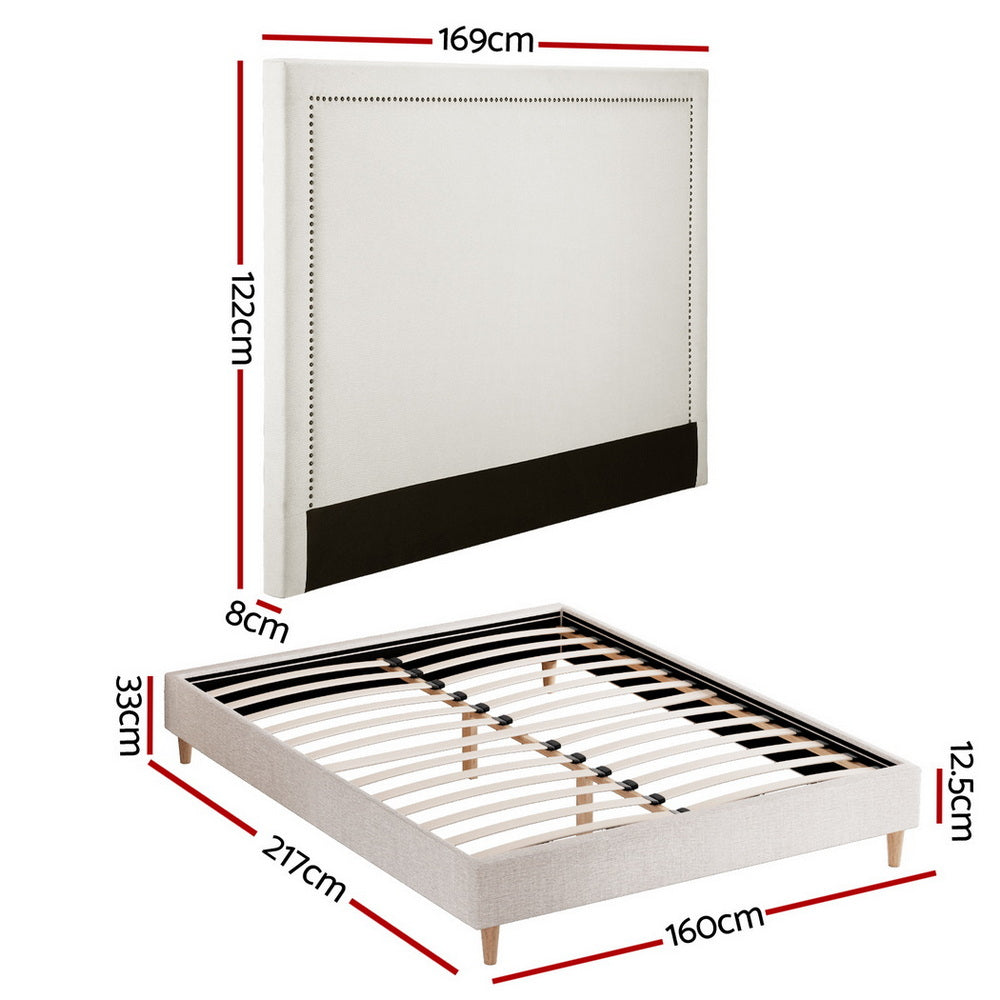 Artiss Queen Bed Frame Platform Bed Base Upholstered Headboard Linen Fabric Beige BFRAME-ZORA-RIVE-Q-GR