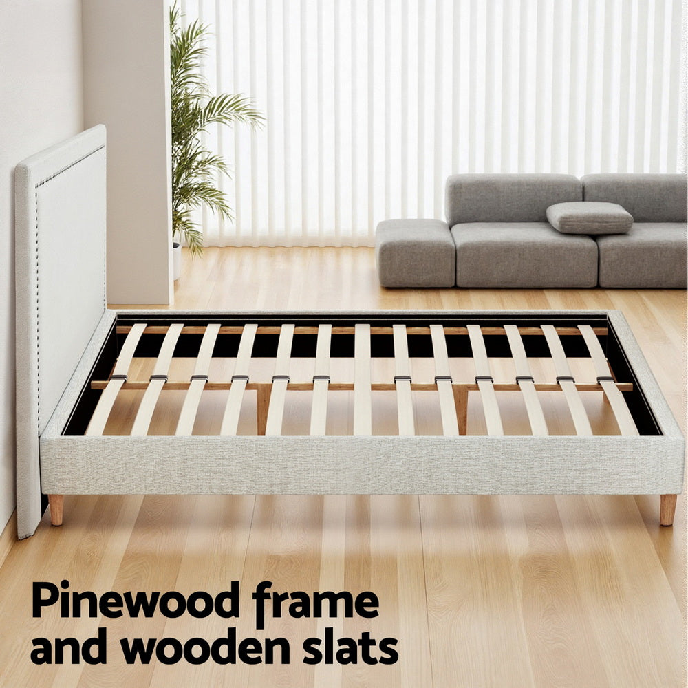 Artiss Queen Bed Frame Platform Bed Base Upholstered Headboard Linen Fabric Beige BFRAME-ZORA-RIVE-Q-GR