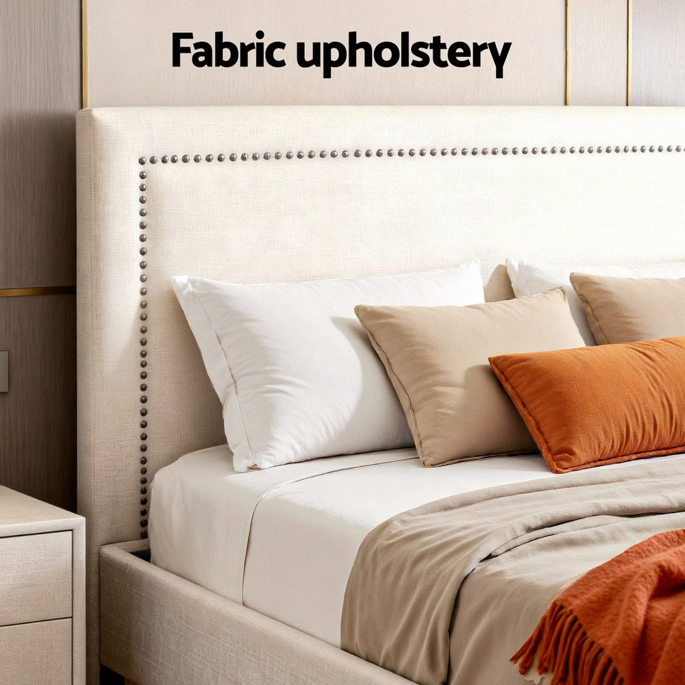 Artiss Queen Bed Frame Platform Bed Base Upholstered Headboard Linen Fabric Beige BFRAME-ZORA-RIVE-Q-GR
