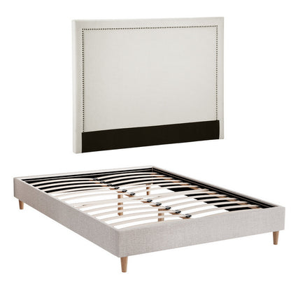 Artiss Queen Bed Frame Platform Bed Base Upholstered Headboard Linen Fabric Beige BFRAME-ZORA-RIVE-Q-GR