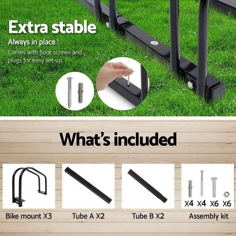 Weisshorn 3 Bike Stand Rack Bicycle Storage Floor Parking Holder Cycling Black BIKE-3-BK