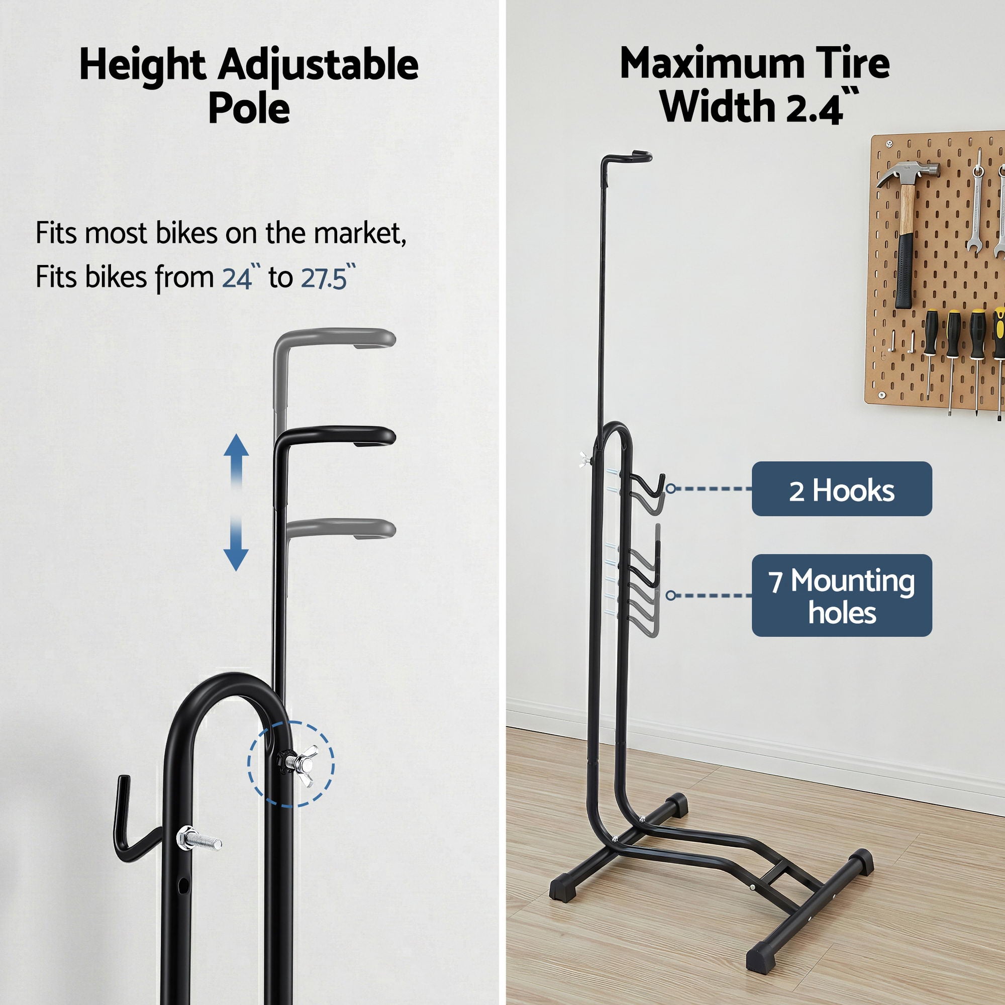 Weisshorn 4-in-1 Bike Parking Stand Vertical Floor Storage Rack for 24"-27.5" Bicycles, Adjustable Height BIKE-STD-BK