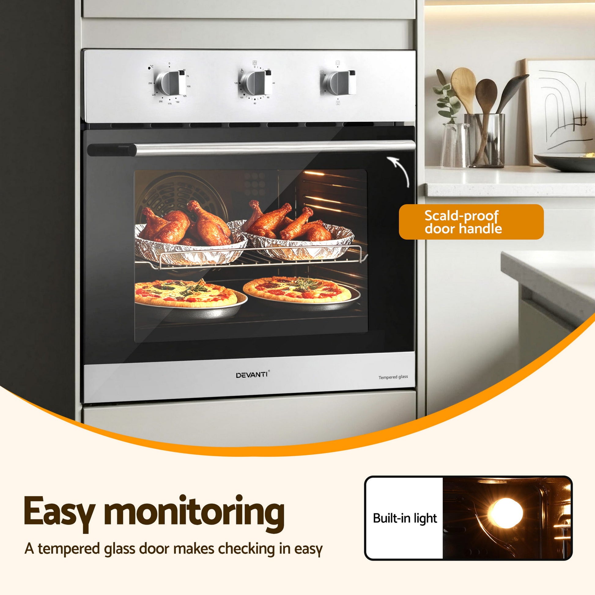 Devanti 60cm Electric Built In Wall Oven Stainless Steel 70L Silver BIO-C-5F-M7B-SS