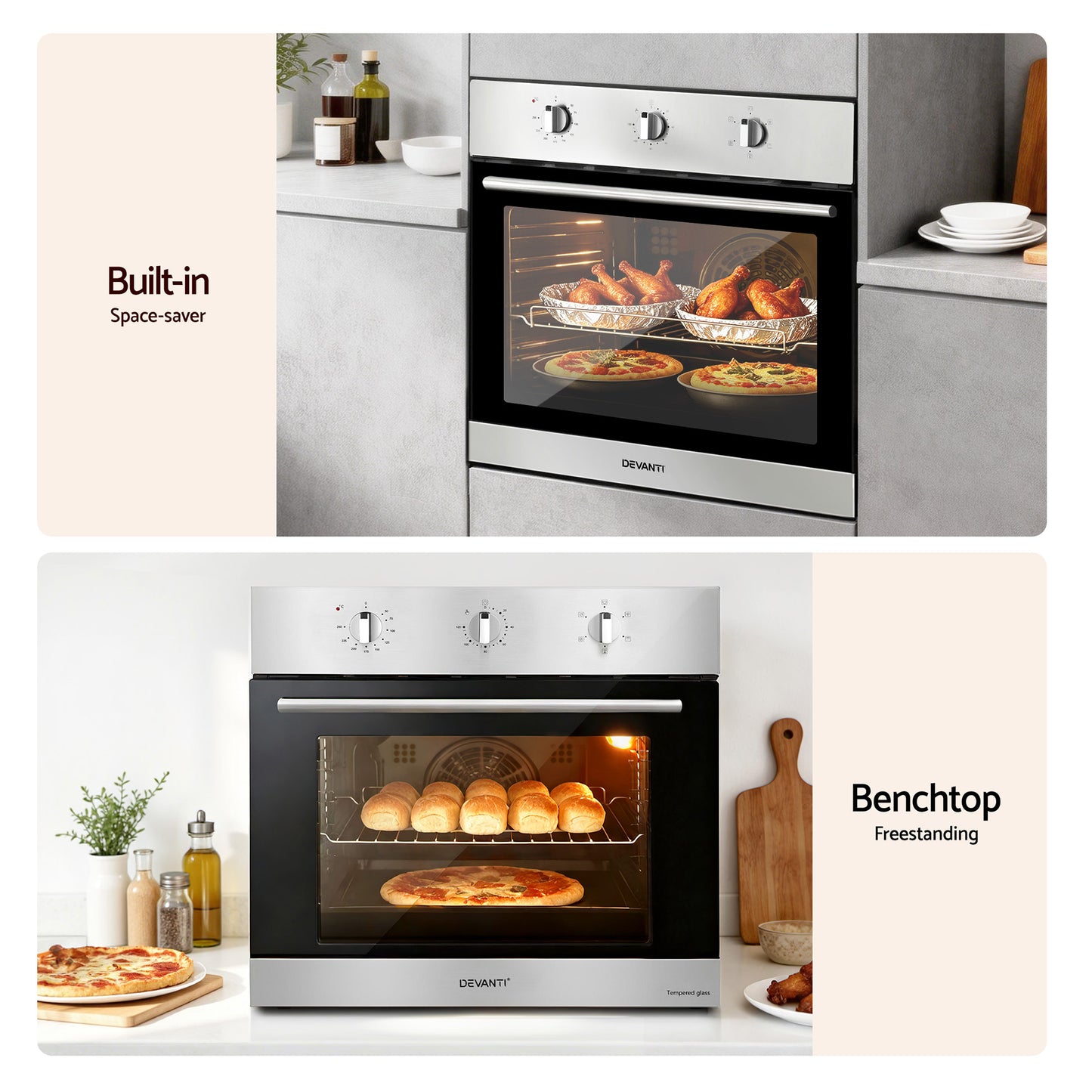 Devanti 60cm Electric Built In Wall Oven Stainless Steel 70L Silver BIO-C-5F-M7B-SS