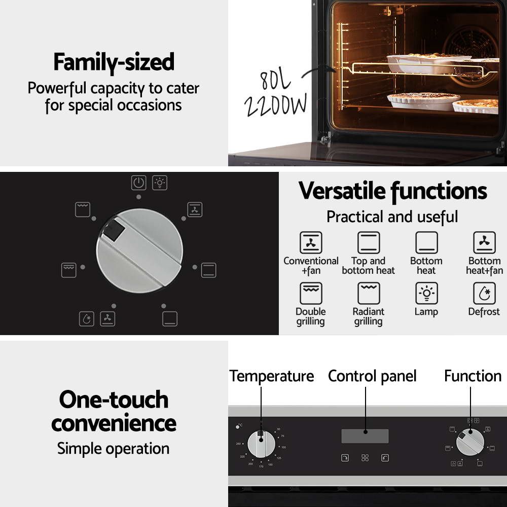 Devanti Electric Built In Wall Oven 80L Convection Grill Ovens Stainless Steel BIO-C-8F-BKSS