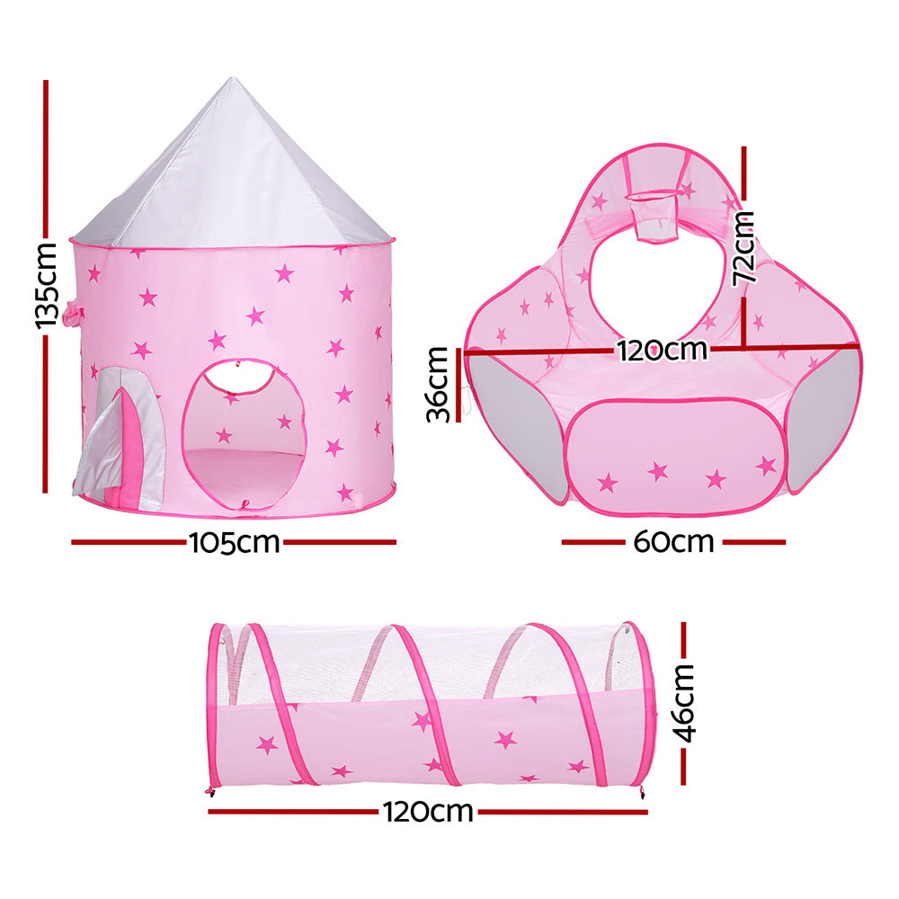 Keezi Kids Playhouse Play Tent Pop Up Castle Crawl Tunnel Basketball Hoop Pink BPOOL-B-135-PK