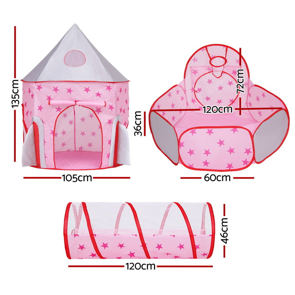 Keezi Kids Playhouse Play Tent Pop Up Castle Crawl Tunnel Basketball Hoop Pink BPOOL-C-135-PK