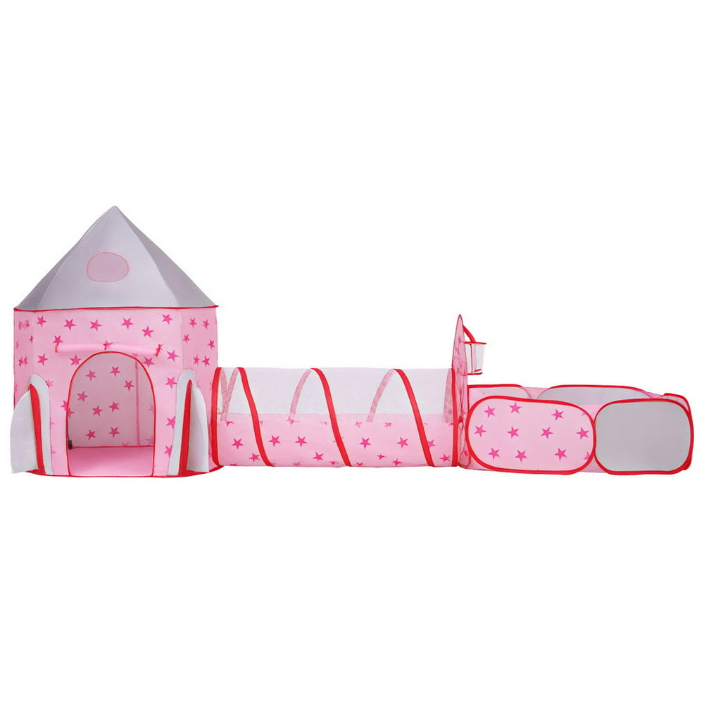 Keezi Kids Playhouse Play Tent Pop Up Castle Crawl Tunnel Basketball Hoop Pink BPOOL-C-135-PK