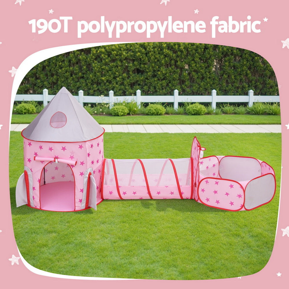 Keezi Kids Playhouse Play Tent Pop Up Castle Crawl Tunnel Basketball Hoop Pink BPOOL-C-135-PK