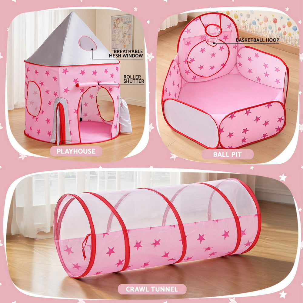 Keezi Kids Playhouse Play Tent Pop Up Castle Crawl Tunnel Basketball Hoop Pink BPOOL-C-135-PK