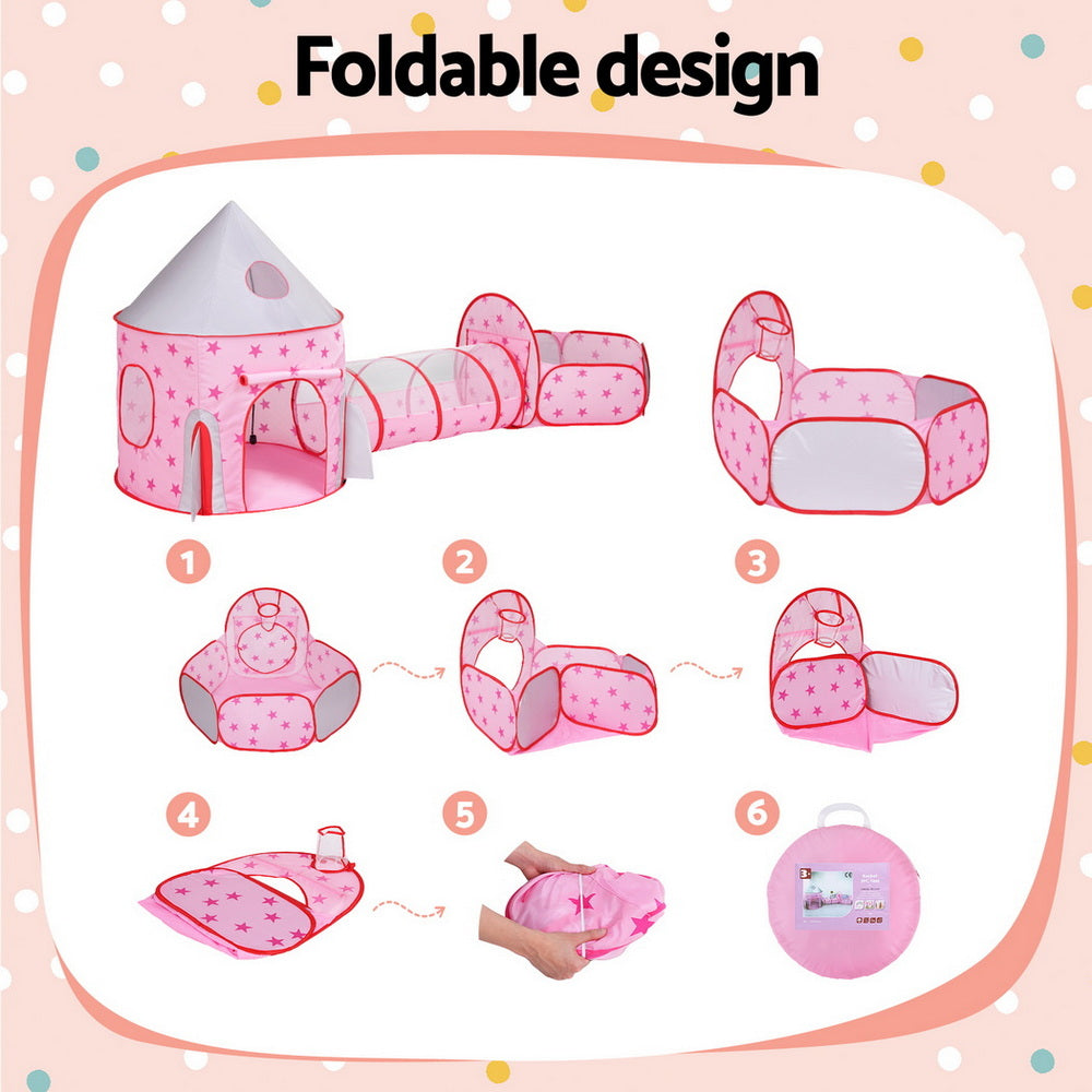 Keezi Kids Playhouse Play Tent Pop Up Castle Crawl Tunnel Basketball Hoop Pink BPOOL-C-135-PK