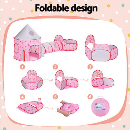 Keezi Kids Playhouse Play Tent Pop Up Castle Crawl Tunnel Basketball Hoop Pink BPOOL-C-135-PK