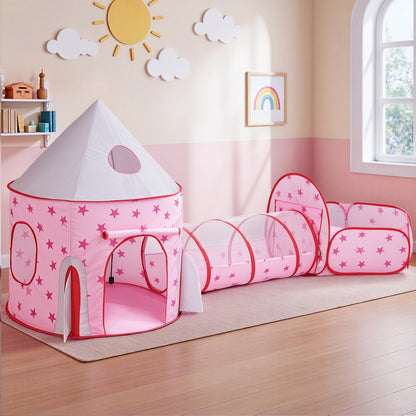 Keezi Kids Playhouse Play Tent Pop Up Castle Crawl Tunnel Basketball Hoop Pink BPOOL-C-135-PK