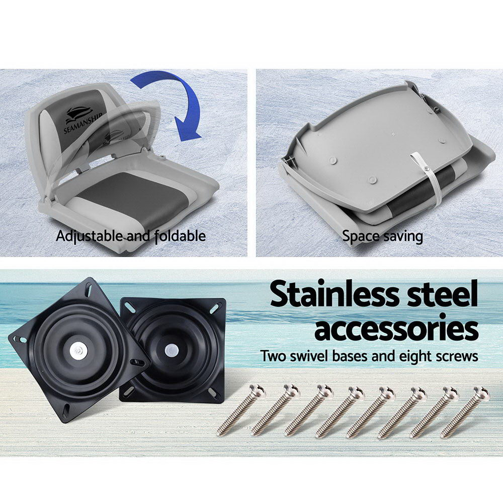 Seamanship 2X Folding Boat Seats Marine Seat Swivel Low Back 4cm Padding Grey BS-86101-GC-FC2