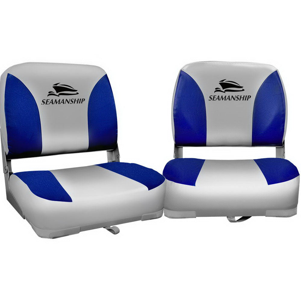 Seamanship 2X Folding Boat Seats Marine Swivel Low Back 13cm Padding Grey Blue BS-86202-GB-40