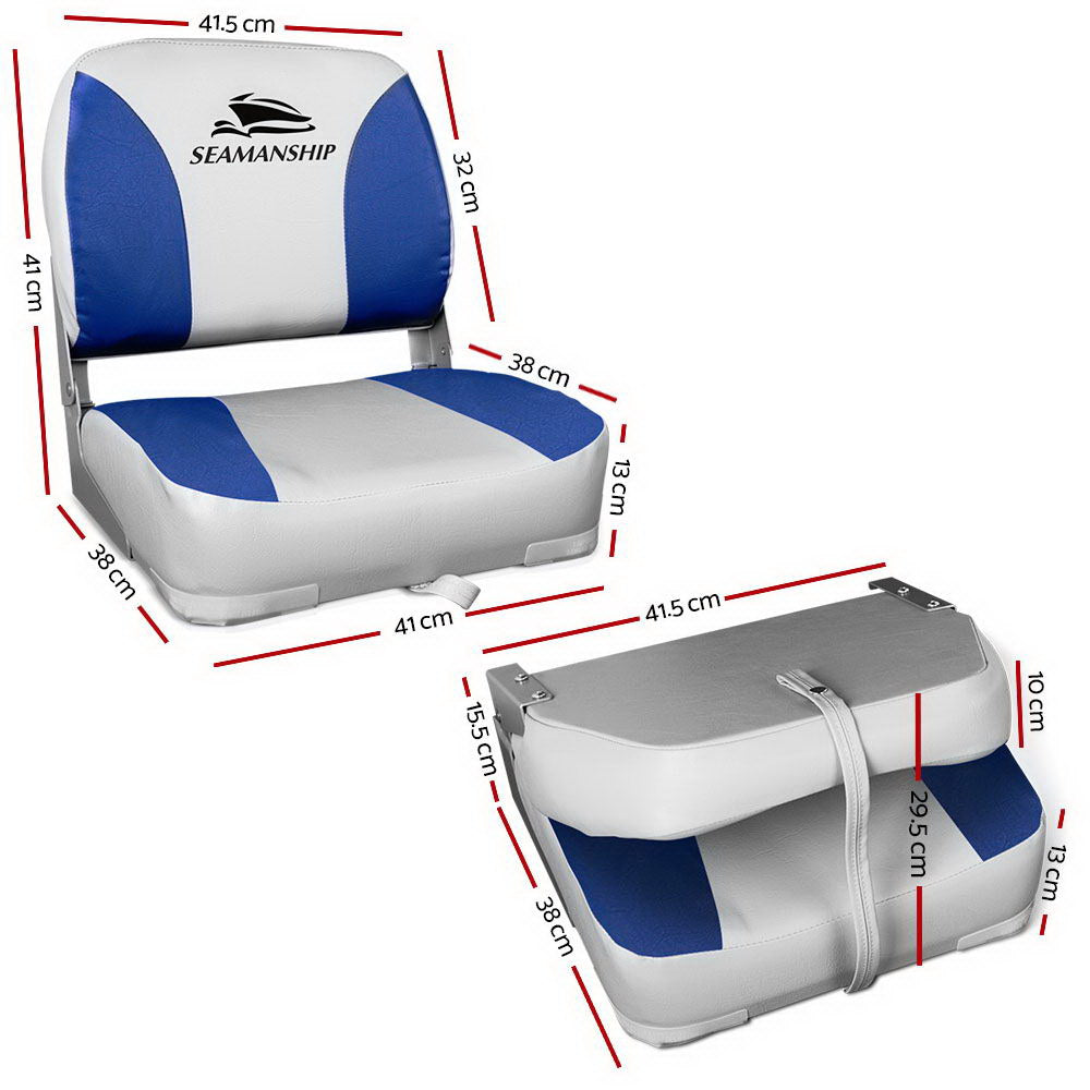 Seamanship 2X Folding Boat Seats Marine Swivel Low Back 13cm Padding Grey Blue BS-86202-GB-40