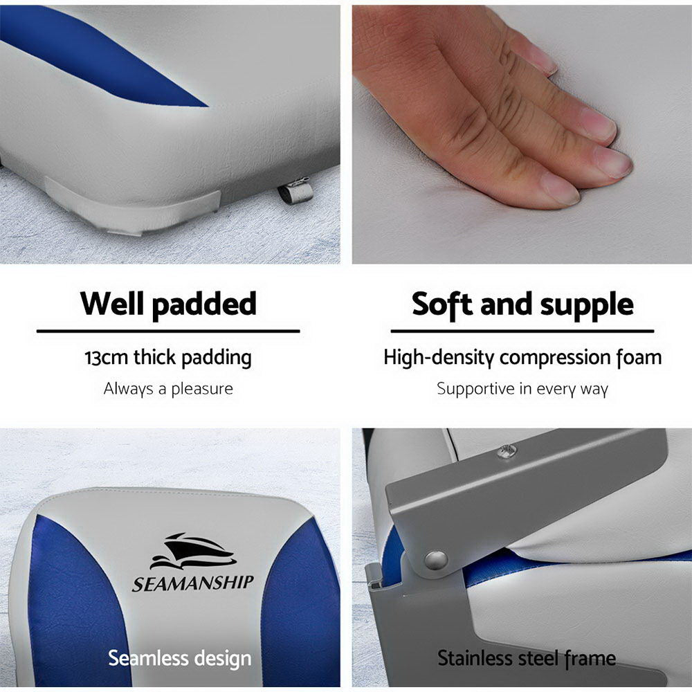 Seamanship 2X Folding Boat Seats Marine Swivel Low Back 13cm Padding Grey Blue BS-86202-GB-40
