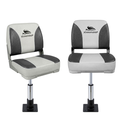 Seamanship 2X Folding Boat Seats with 2X Adjustable Pedestals 34-46cm Marine Swivel Low Back 13cm Padding BS-86202-GC-40-3446X2