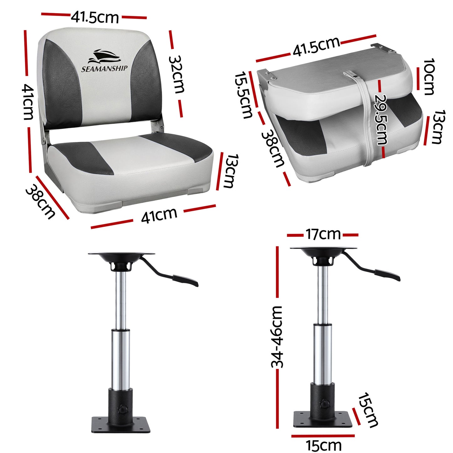 Seamanship 2X Folding Boat Seats with 2X Adjustable Pedestals 34-46cm Marine Swivel Low Back 13cm Padding BS-86202-GC-40-3446X2