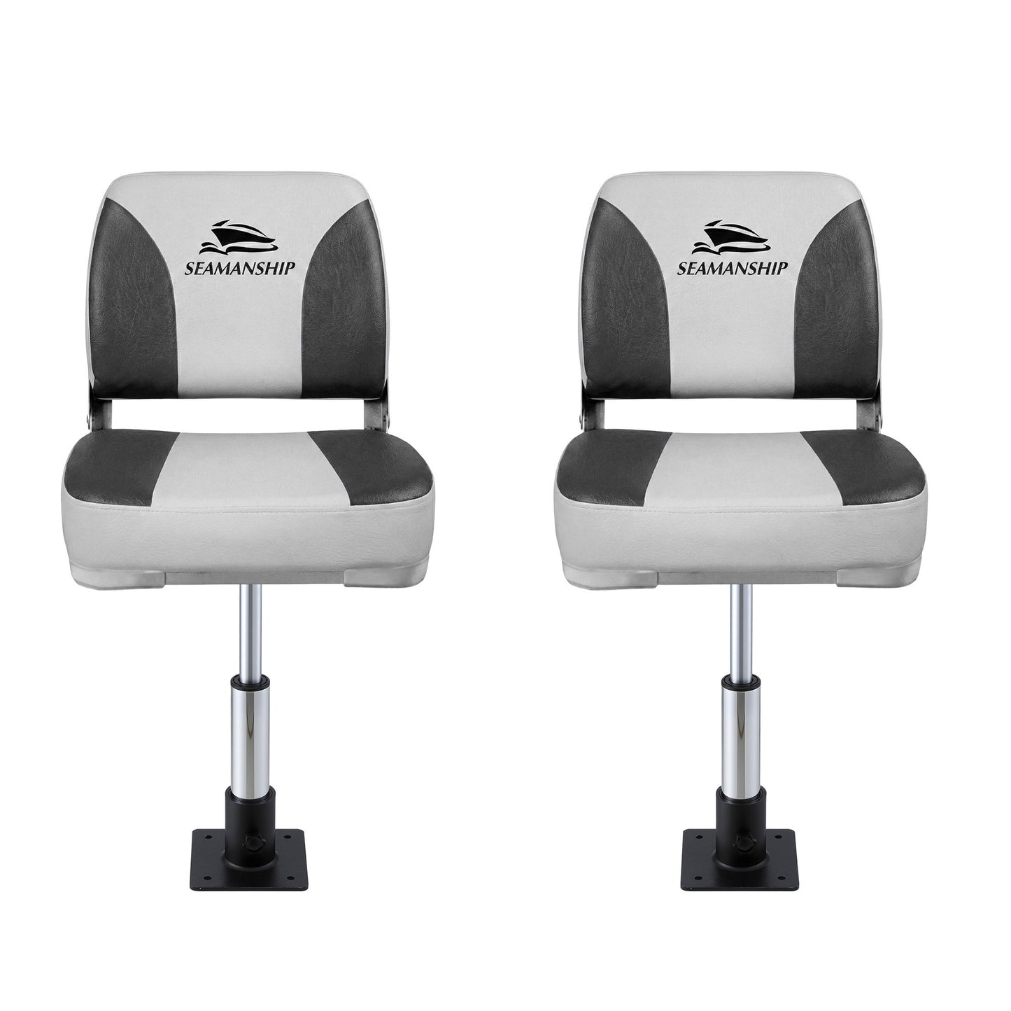 Seamanship 2X Folding Boat Seats with 2X Adjustable Pedestals 34-46cm Marine Swivel Low Back 13cm Padding BS-86202-GC-40-3446X2