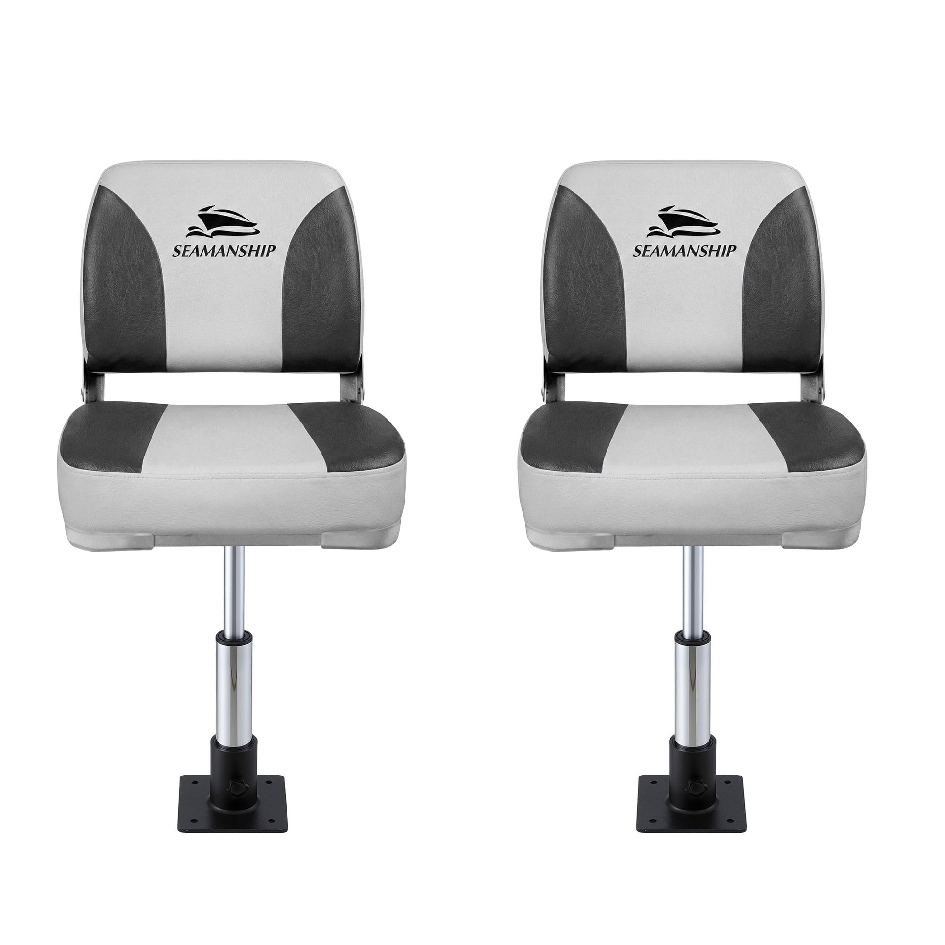 Seamanship 2X Folding Boat Seats with 2X Adjustable Pedestals 34-46cm Marine Swivel Low Back 13cm Padding BS-86202-GC-40-3446X2
