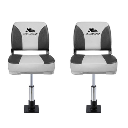 Seamanship 2X Folding Boat Seats with 2X Adjustable Pedestals 34-46cm Marine Swivel Low Back 13cm Padding BS-86202-GC-40-3446X2