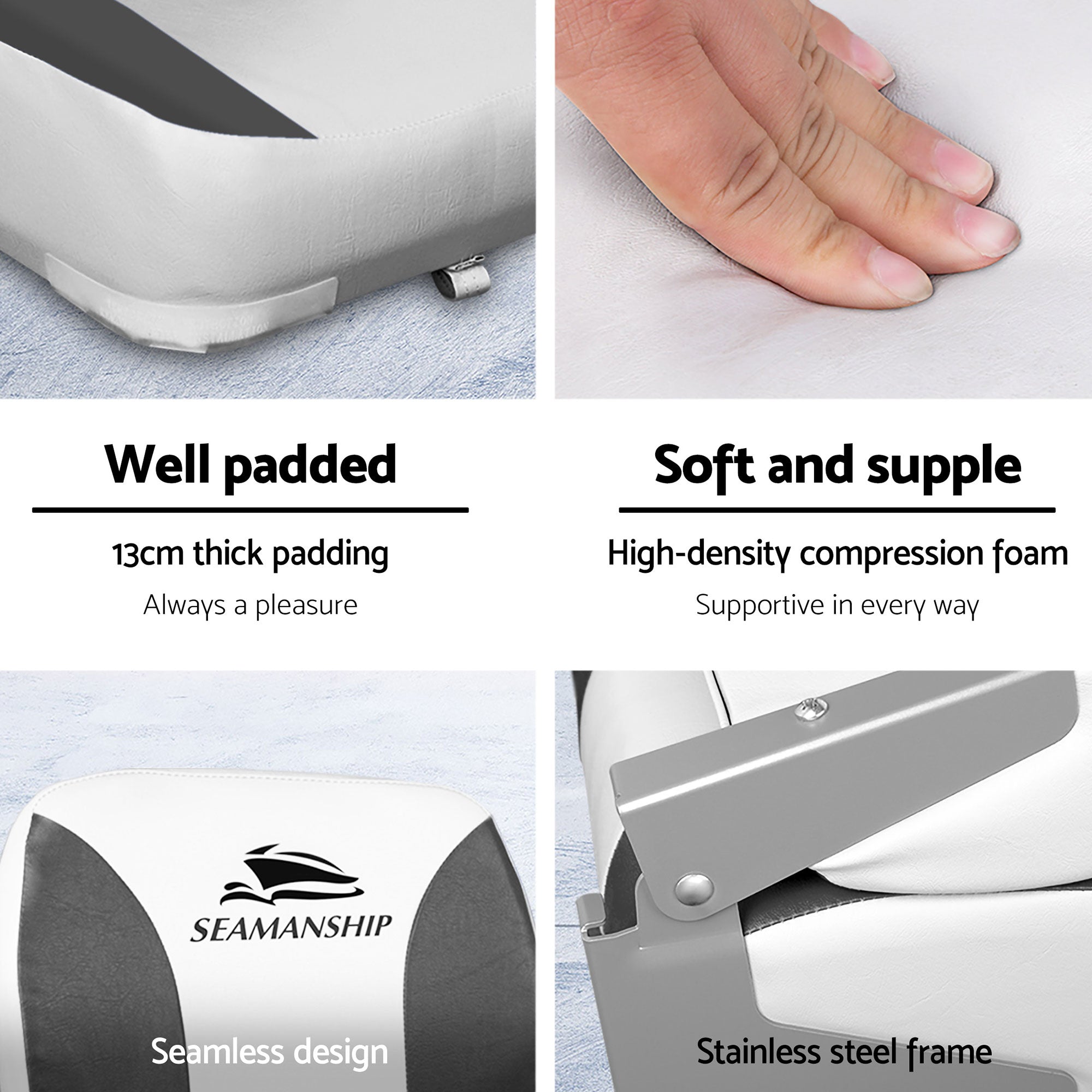 Seamanship 2X Folding Boat Seats with 2X Adjustable Pedestals 34–46cm Marine Swivel Low Back 13cm Padding Charcoal