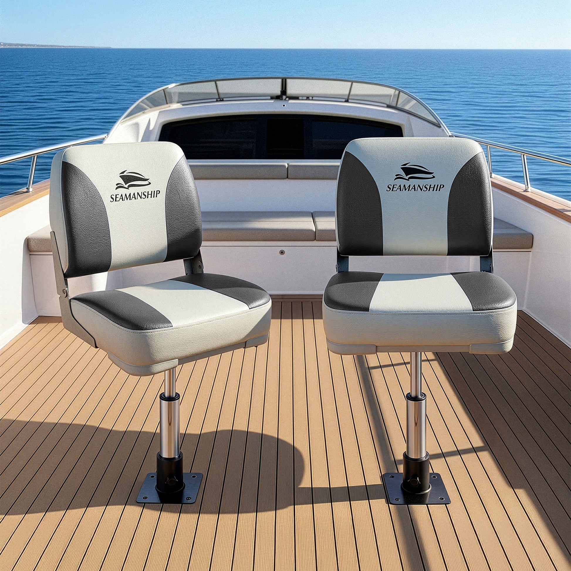 Seamanship 2X Folding Boat Seats with 2X Adjustable Pedestals 34-46cm Marine Swivel Low Back 13cm Padding BS-86202-GC-40-3446X2