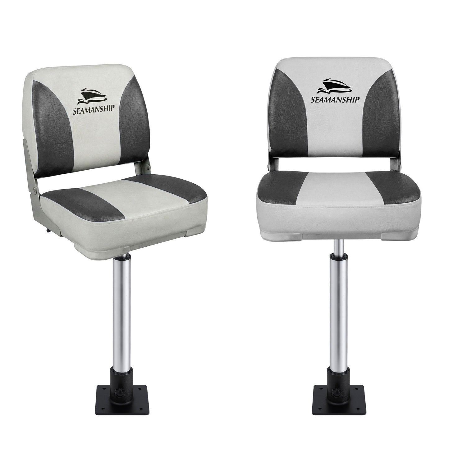 Seamanship 2X Folding Boat Seats with 2X Adjustable Pedestals 55-75cm Marine Swivel Low Back 13cm Padding BS-86202-GC-40-5575X2