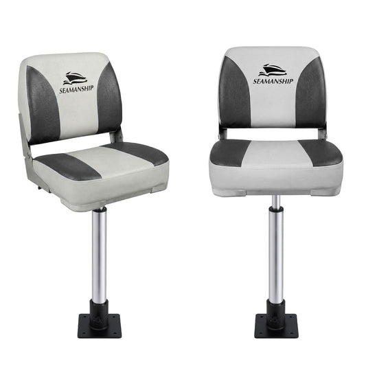 Seamanship 2X Folding Boat Seats with 2X Adjustable Pedestals 55-75cm Marine Swivel Low Back 13cm Padding BS-86202-GC-40-5575X2