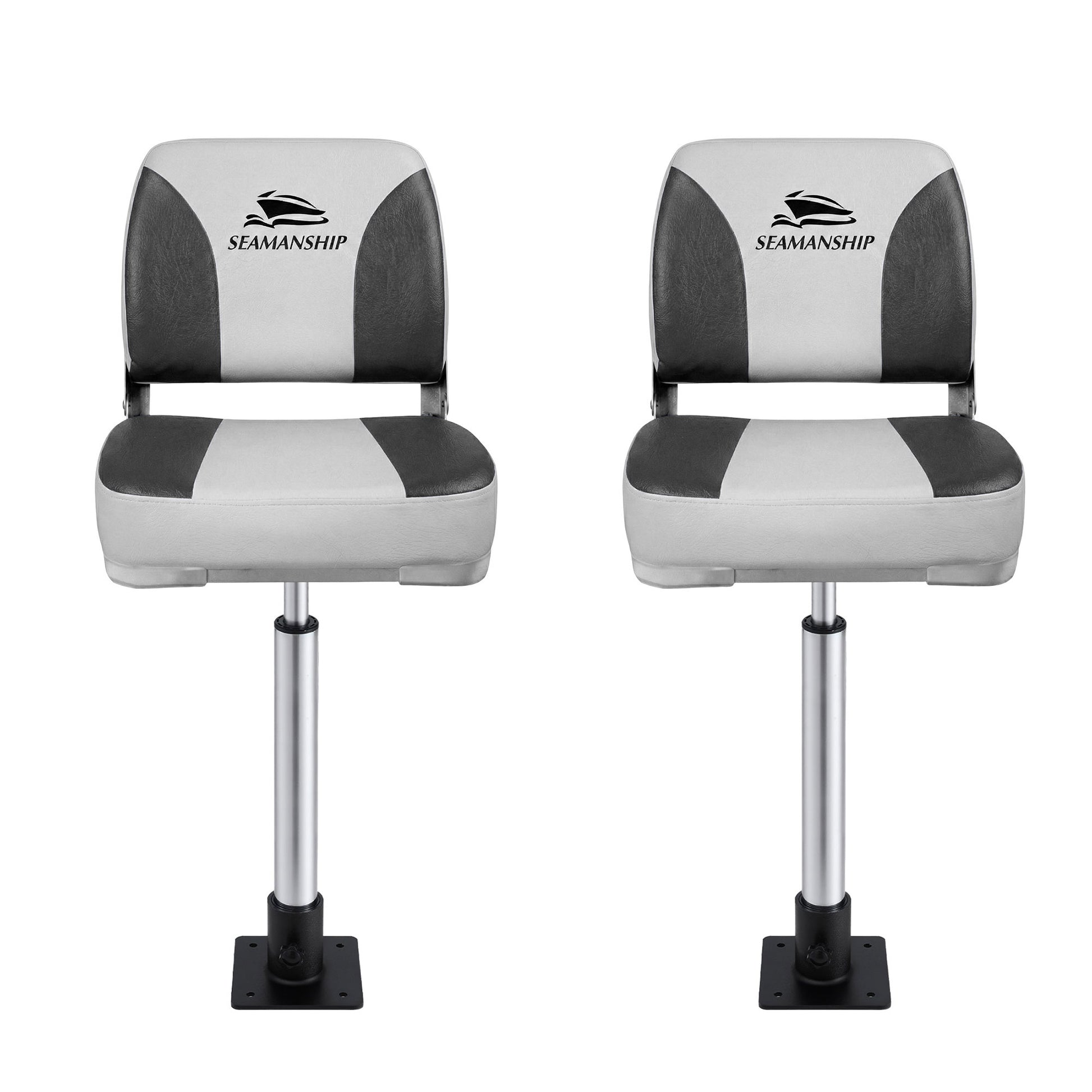 Seamanship 2X Folding Boat Seats with 2X Adjustable Pedestals 55-75cm Marine Swivel Low Back 13cm Padding BS-86202-GC-40-5575X2