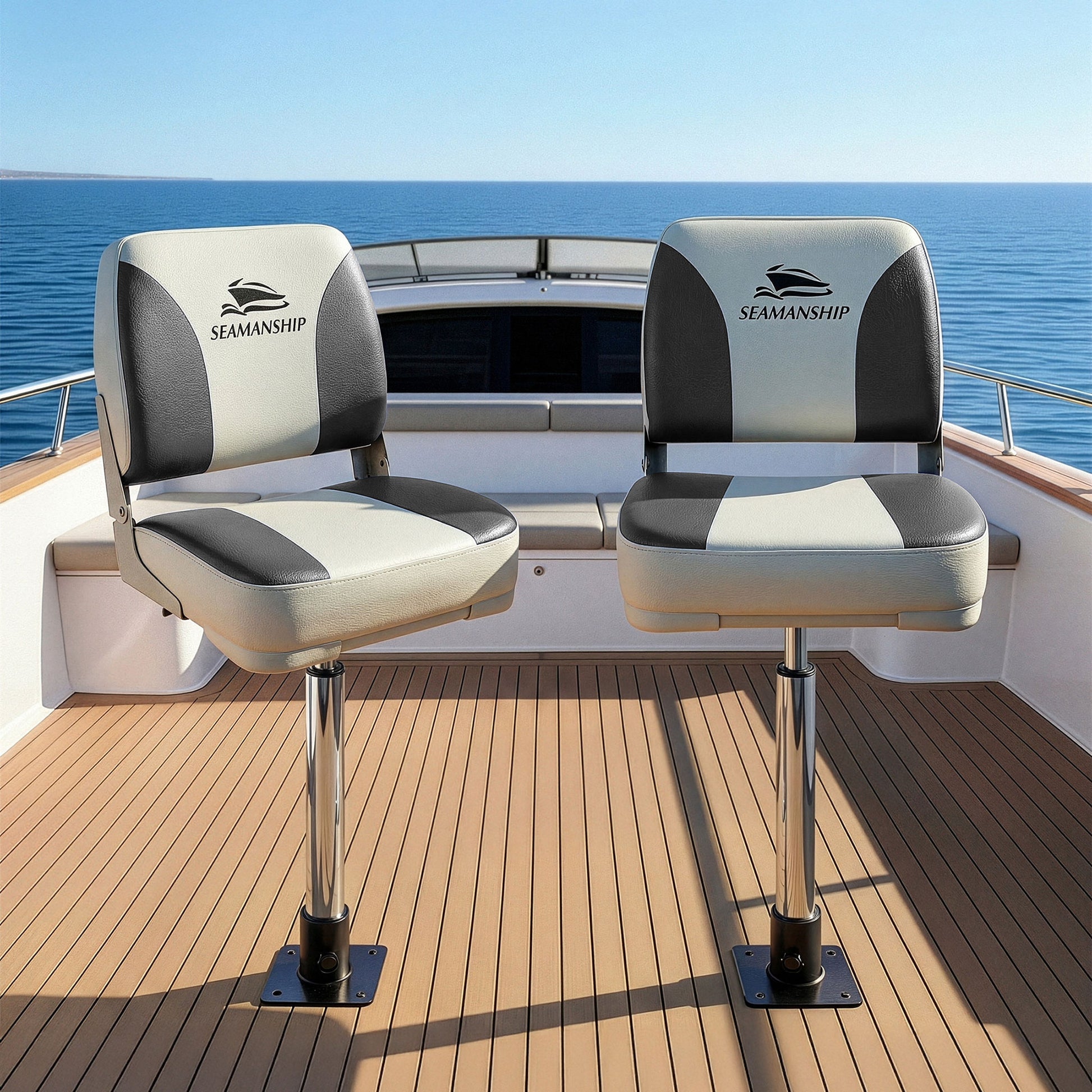 Seamanship 2X Folding Boat Seats with 2X Adjustable Pedestals 55-75cm Marine Swivel Low Back 13cm Padding BS-86202-GC-40-5575X2