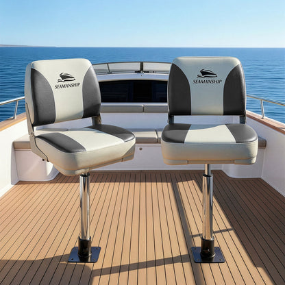 Seamanship 2X Folding Boat Seats with 2X Adjustable Pedestals 55-75cm Marine Swivel Low Back 13cm Padding BS-86202-GC-40-5575X2