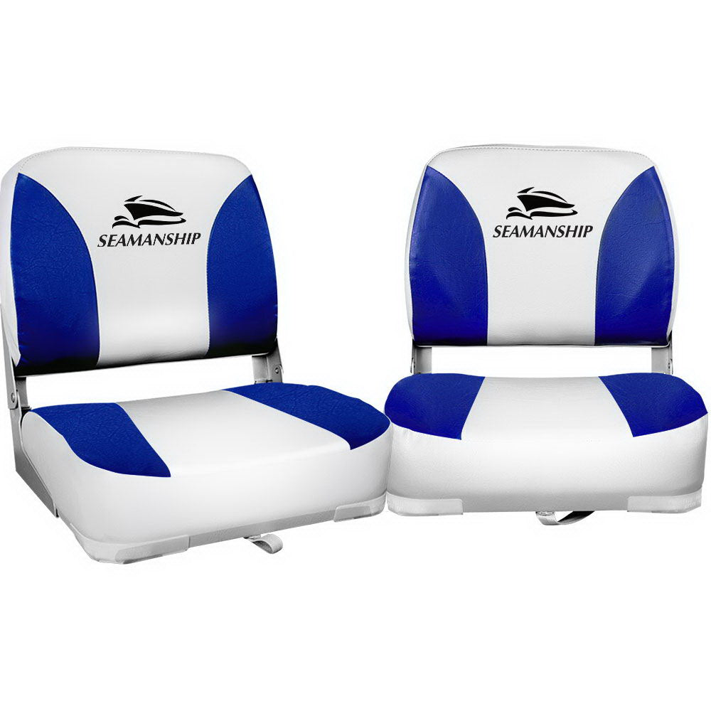 Seamanship 2X Folding Boat Seats Marine Swivel Low Back 13cm Padding White Blue BS-86202-WB-40