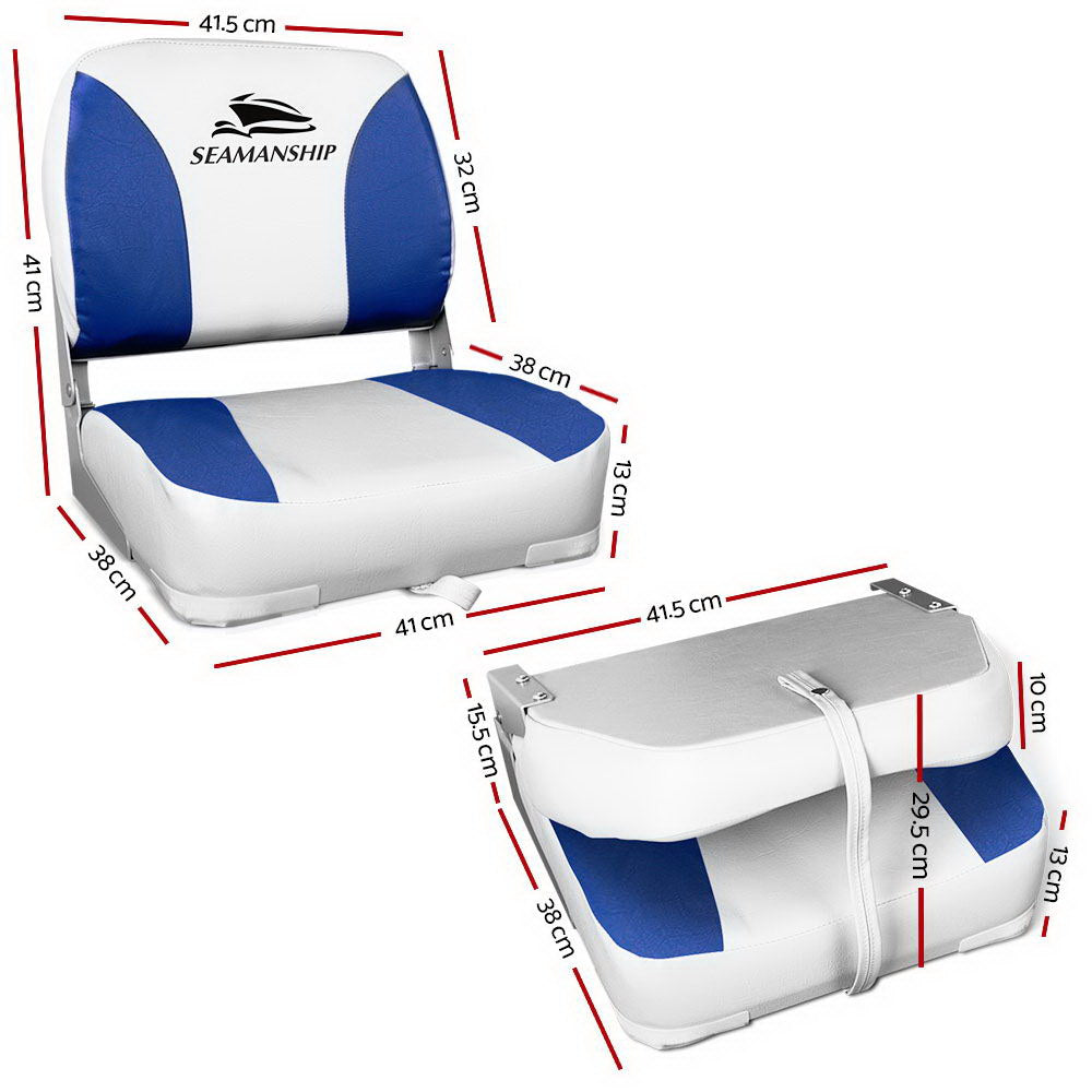 Seamanship 2X Folding Boat Seats Marine Swivel Low Back 13cm Padding White Blue BS-86202-WB-40