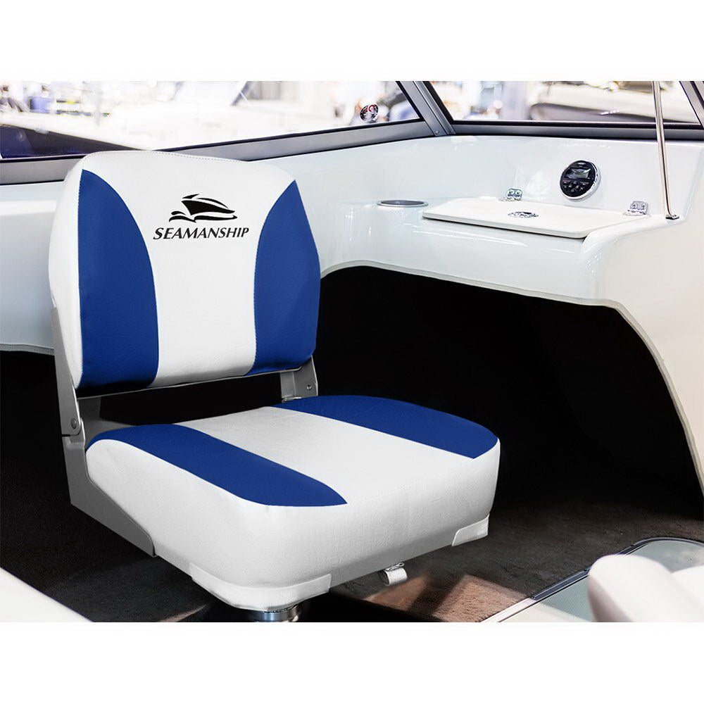 Seamanship 2X Folding Boat Seats Marine Swivel Low Back 13cm Padding White Blue BS-86202-WB-40