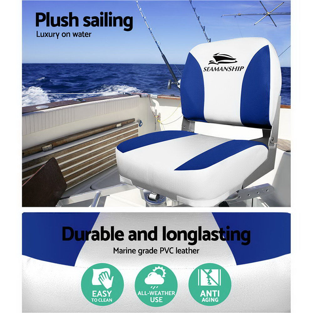 Seamanship 2X Folding Boat Seats Marine Swivel Low Back 13cm Padding White Blue BS-86202-WB-40