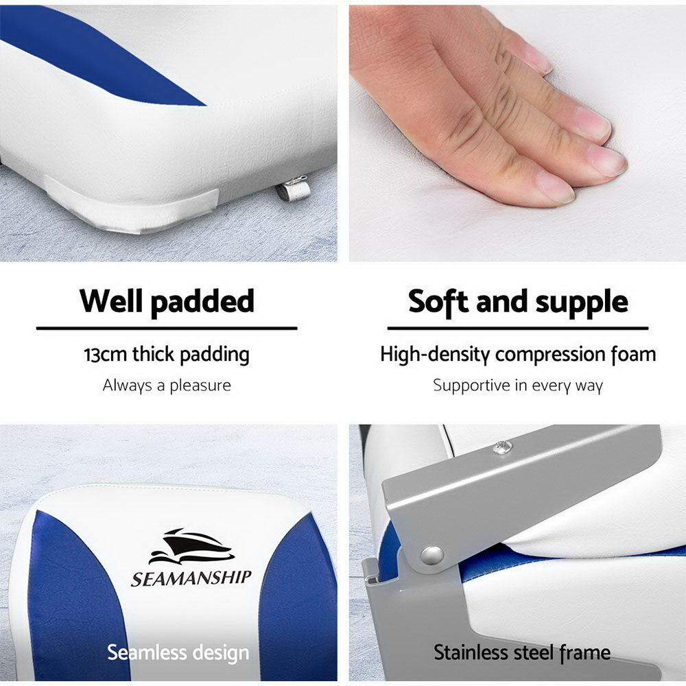 Seamanship 2X Folding Boat Seats Marine Swivel Low Back 13cm Padding White Blue BS-86202-WB-40