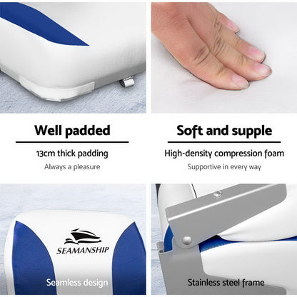 Seamanship 2X Folding Boat Seats Marine Swivel Low Back 13cm Padding White Blue BS-86202-WB-40