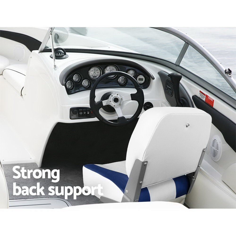 Seamanship 2X Folding Boat Seats Marine Swivel Low Back 13cm Padding White Blue BS-86202-WB-40