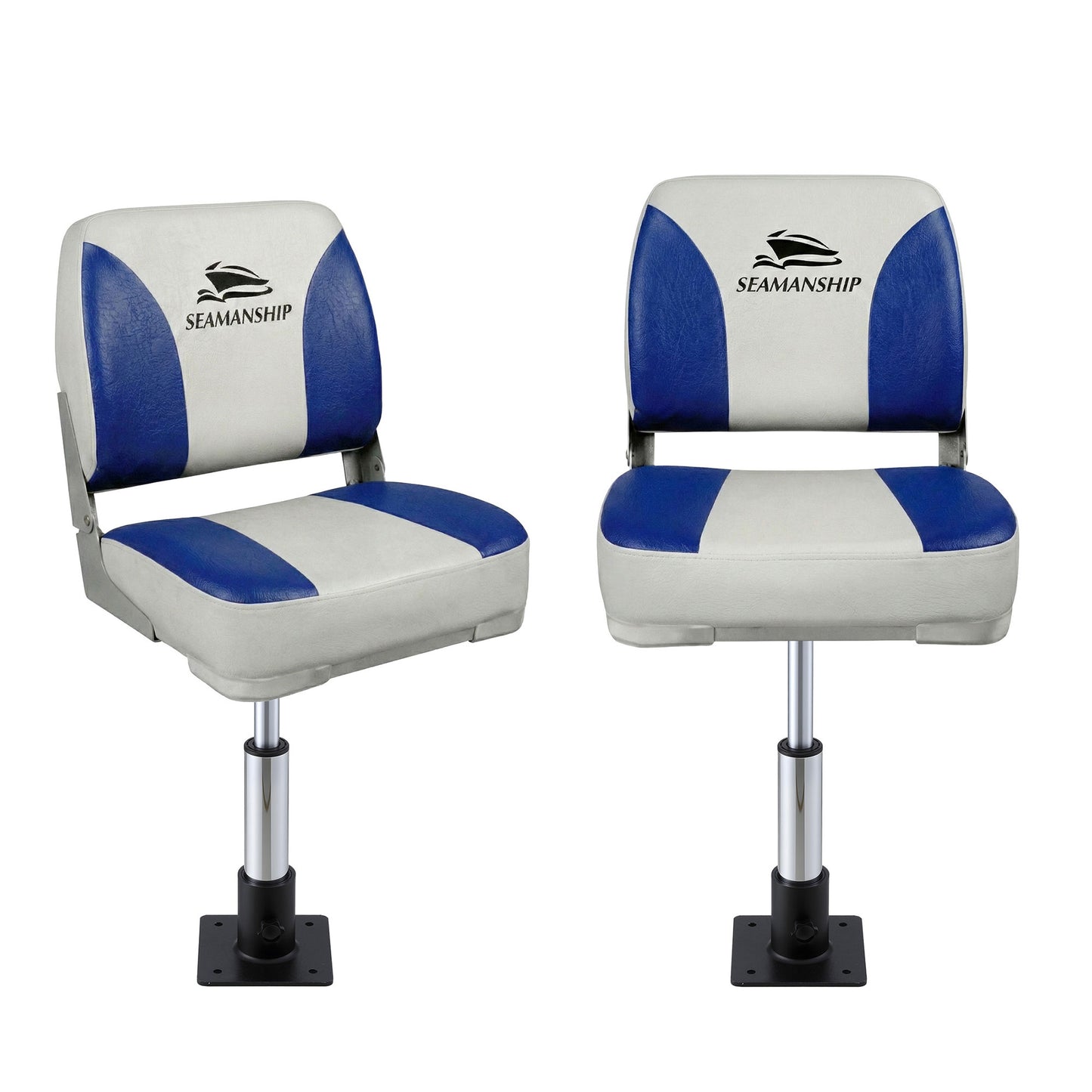 Seamanship 2X Folding Boat Seats with 2X Adjustable Pedestals 34-46cm Marine Swivel Low Back 13cm Padding BS-86202-WB-40-3446X2