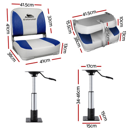 Seamanship 2X Folding Boat Seats with 2X Adjustable Pedestals 34-46cm Marine Swivel Low Back 13cm Padding BS-86202-WB-40-3446X2