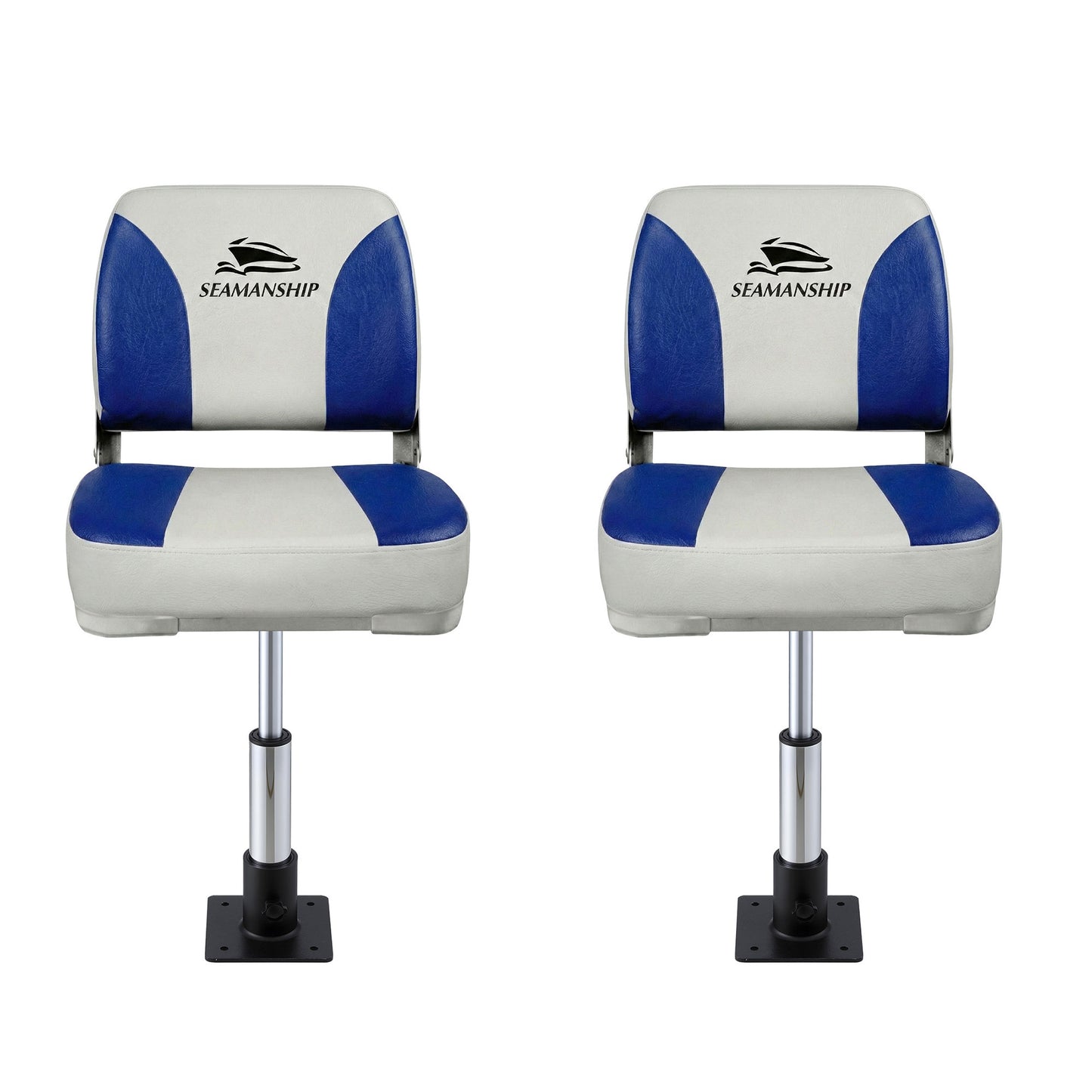 Seamanship 2X Folding Boat Seats with 2X Adjustable Pedestals 34-46cm Marine Swivel Low Back 13cm Padding BS-86202-WB-40-3446X2