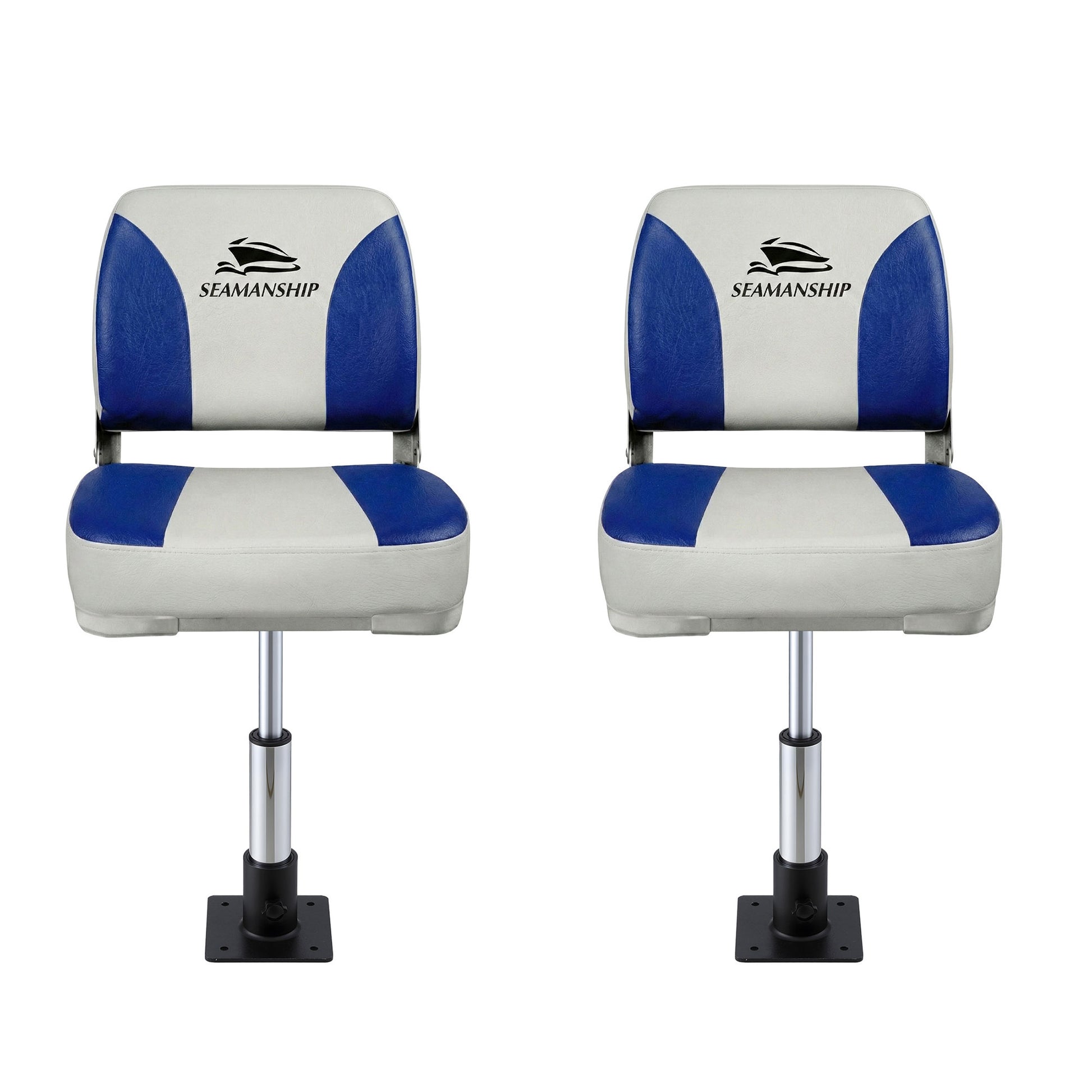 Seamanship 2X Folding Boat Seats with 2X Adjustable Pedestals 34-46cm Marine Swivel Low Back 13cm Padding BS-86202-WB-40-3446X2