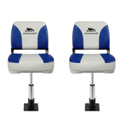 Seamanship 2X Folding Boat Seats with 2X Adjustable Pedestals 34–46cm Marine Swivel Low Back 13cm Padding White Blue