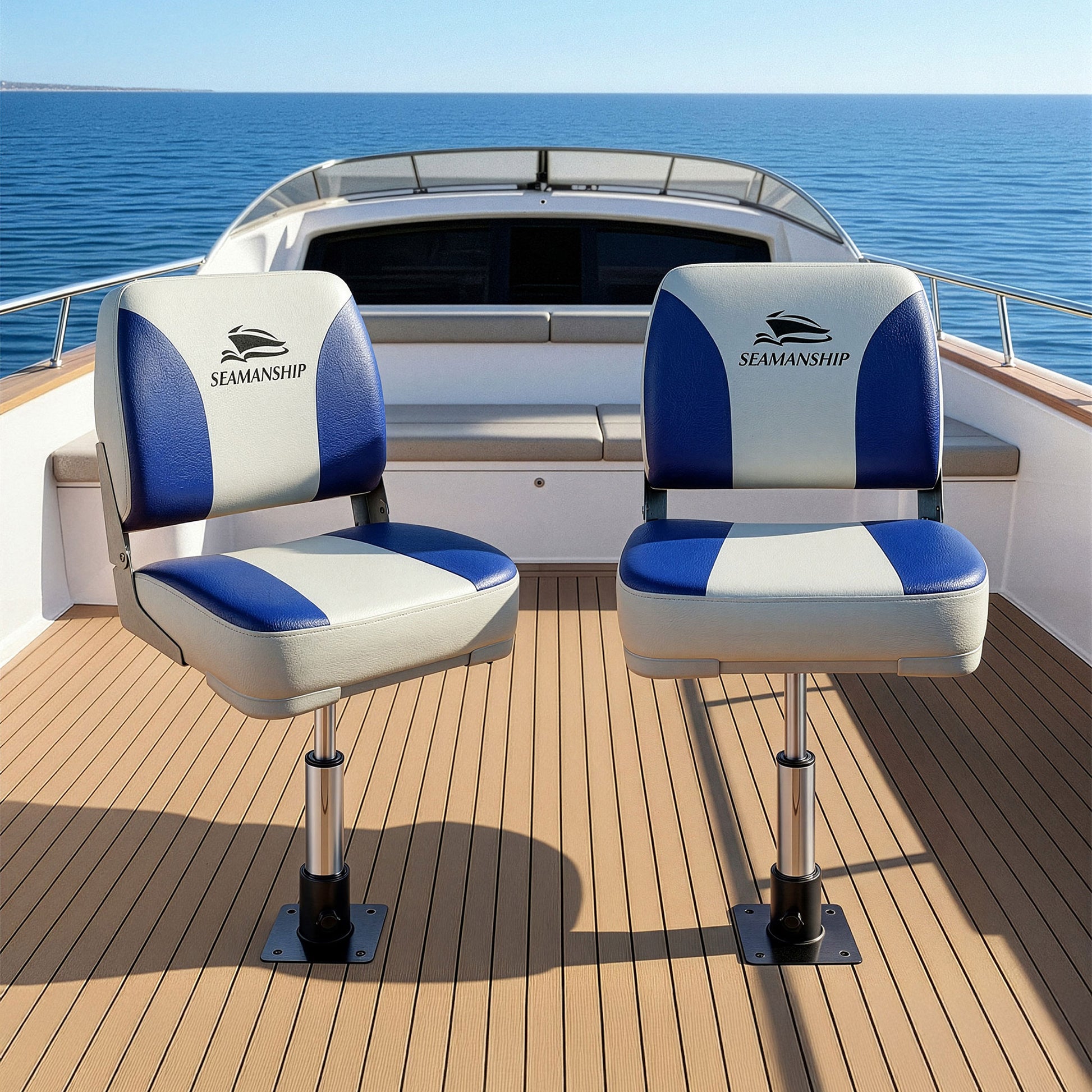 Seamanship 2X Folding Boat Seats with 2X Adjustable Pedestals 34-46cm Marine Swivel Low Back 13cm Padding BS-86202-WB-40-3446X2